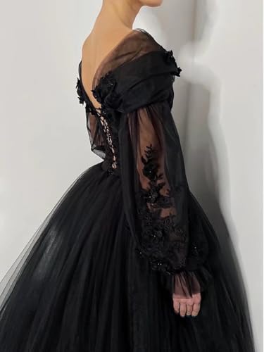 Mouccy Gothic Black Wedding Dresses for Bride Long Sleeve Bridal Gowns with Train V Neck Lace Wedding Gowns for Women2