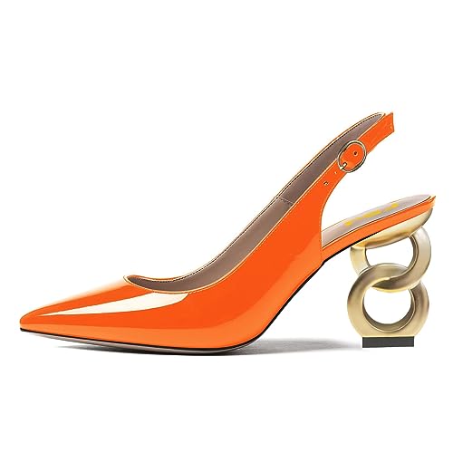 FSJ Women Trendy Metallic Gold Chain High Heel Slingback Pumps Pointed Toe Adjustable Buckle Office Lady Party Shoes Size 4-15 US2