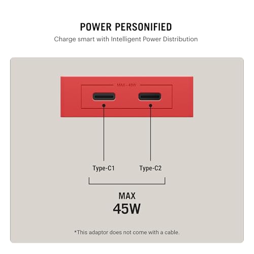 Image of DailyObjects POP 45W Wall Charger Adapter with Foldable Pins|USB-C Dual Port Power Output|Fast Charging|GaN5|Slim|Support iPhone 12 13 14 15 16 pro Max, Android,ipad,Samsung,oneplus|Lightweight-Red