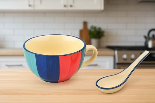 Image of HS Hindustani SAUDAGR Saffron Indigo Delight Ceramic Bowl Set of 2(300ml Each) Soup Bowl with Handle & Spoon Microwave Safe Bowls katori Ideal for Snacks Rice dal Desserts and Gifting