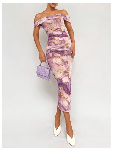 Image of Floerns Women's Floral Print Off Shoulder Short Sleeve Ruched Bodycon Long Dress