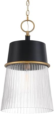 Minka Lavery 193-876 Stamford 13" Wide Pendant - Dark Matte Black and Legacy Brass with Clear Ribbed Glass