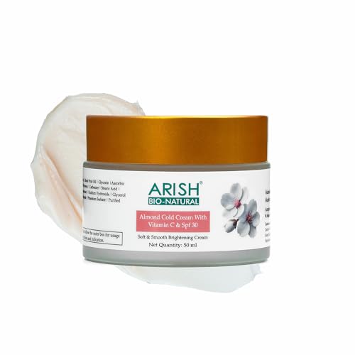 Image of ARISH BIO-NATURAL Almond Cold Cream with Vitamin C & SPF 30-50ml | Deep Hydration, Brightening, Sun Protection | Non-Greasy Moisturizer for Dry Skin for Women & Men | Winter Care & Daily Use