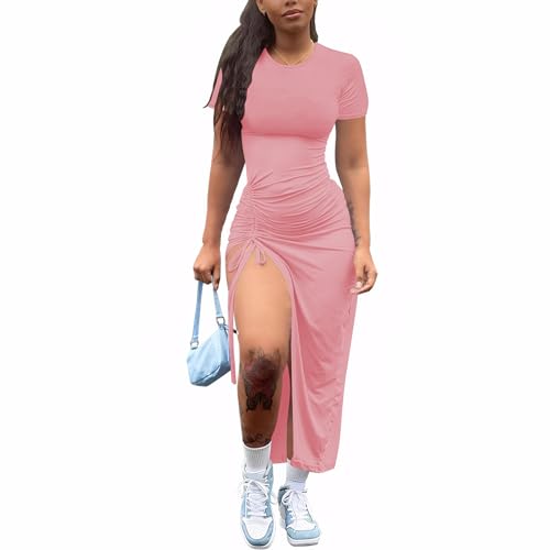 Image of Nimsruc Women Sexy Summer Dresses Short Sleeve Thigh-high Slit Ruched Bodycon Maxi Club Cocktail Party Dress