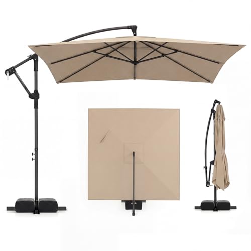 Tangkula 8x8 FT Patio Umbrella with Base Included Square Offset Cantilever Outdoor Umbrella with 360 Degree Rotation Crank Handle Sandbags 8 Ribs for Pool Deck Garden Backyard