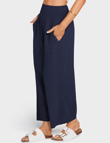 TARSE Women Linen Pants Wide Leg Elastic High Waisted Palazzo Trousers Casual Loose Beach Vacation Clothes with Pockets3