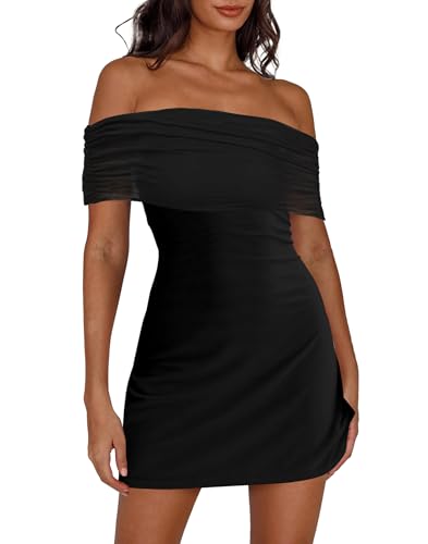 Image of HYPERFIRE Women's Off Shoulder Mesh Mini Dress Short Sleeve Ruched Dresses Cocktail Going Out