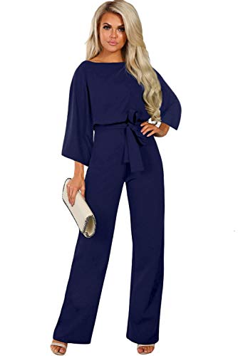emmarcon Combinaison Longue Jumpsuit Élégante Robe Cérémonie Femme Manches 3/4 Pantalon Long Ample - Bleu - L