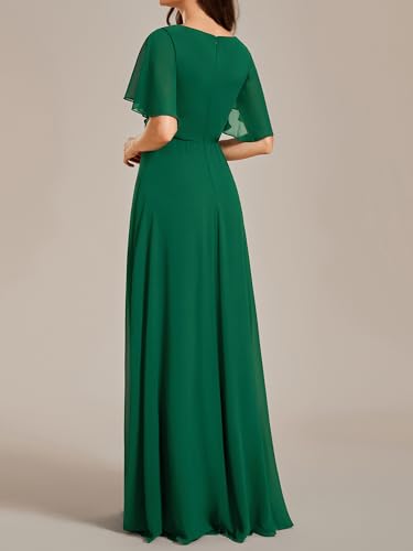 Image of Ever-Pretty Women's Spring Short Sleeve Bridesmaid Dresses V-Neck Chiffon Ruched Empire Waist Appliques Long Formal Dress