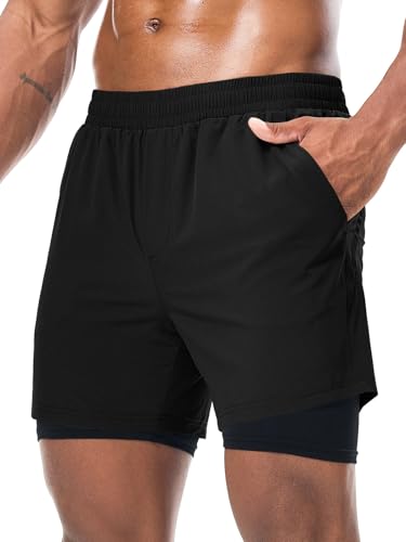 Danfiki Men Running Shorts 2 in 1 Gym Sport Workout Breathable Outdoor Training Shorts with Pockets Black