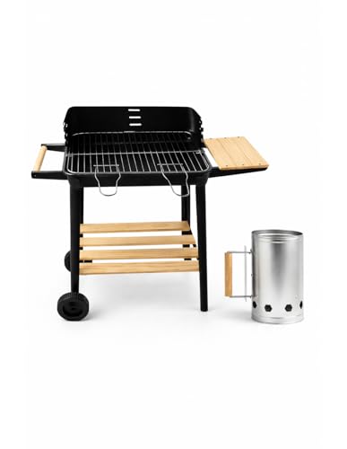 JARDIN202 - Barbacoa Rectangular de Carbón con Parrilla Cromada Arizona | Ruedas para Transporte | Bandeja de Madera | Grill Exterior | (Set BBQ + Encendedor)