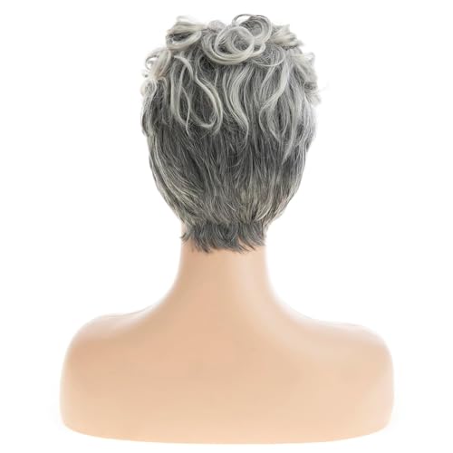 Perruque synthétique courte bouclée grise Pixie look moderne femmes âgées