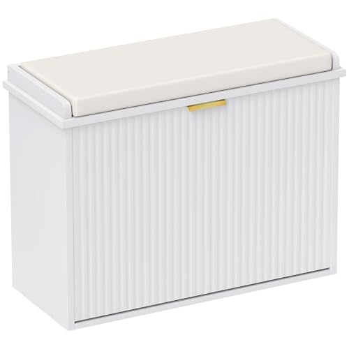 HOMCOM Narrow Shoe Bench with Padded Seat Cushion and Flip-Drawer, Small Entryway Bench Holds up to 265lb, Shoe Cabinet, 24.4x10.2x18.7 Inches, White