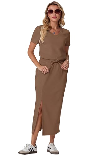 Image of GRECERELLE Women Summer Casual 2 Piece Sets V-Neck Wrinkle-Free Top & Elastic Waist Midi Side Slit Skirt with Pockets
