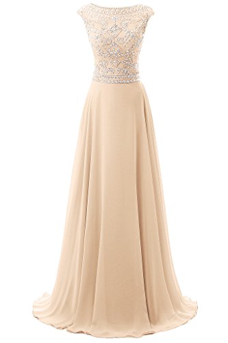 Women's Long Chiffon Bridesmaid Dress Cap Sleeves Beaded Prom Eveing Gown - Champagne - 12