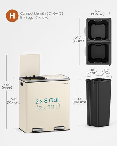 SONGMICS Recycling Bin with 2 Compartments, Dual Bin, with Inner Buckets and Handles, for Kitchen, Slow Close, Airtight - Image 7