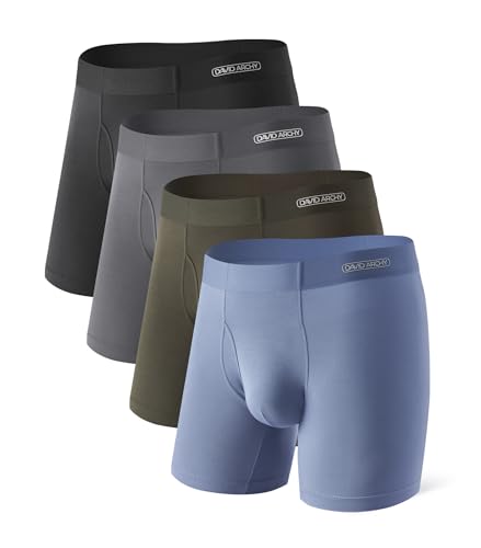 DAVID ARCHY Mens Underwear Silky Soft Second Skin Modal Boxer Briefs Waistfree Seamless Waistband Underwear for Men Pack of 4 (L, Black/Dark Gray/Gray Blue/Olive Green)