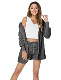A ADILACA Pajama Cardigan and Shorts Set Women, Women Sexy 3 Piece Pajama Outfit Fuzzy Fleece Warm Coat Jacket Outwear Spaghetti Strap Crop Top Shorts Sets (Dark Gray, M)