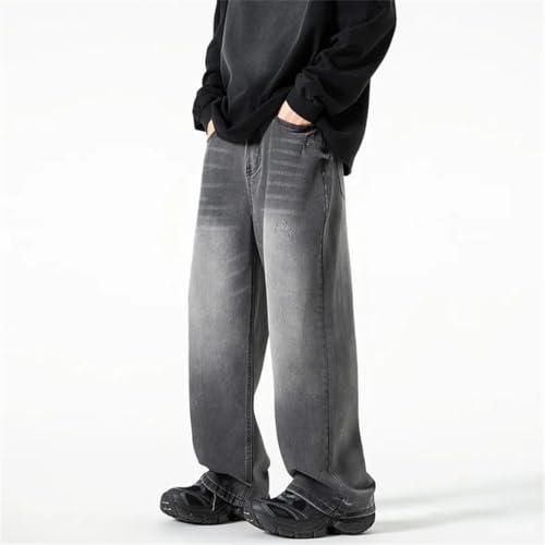 Men Washed Jeans Street Trousers Solid Color Wide Leg Pant Button Streetwear Denim Pants Black 4XL3