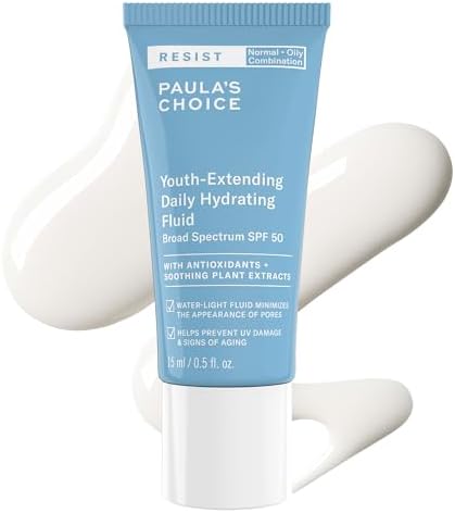 Paula's Choice RESIST Daily Hydrating Fluid Face Moisturizer with SPF 50 Sunscreen, Face Sunscreen for Oily Skin, Chamomile & Vitamin E, UVA/UVB Protection, Fragrance-Free, TSA Friendly, 0.5 Fl Oz