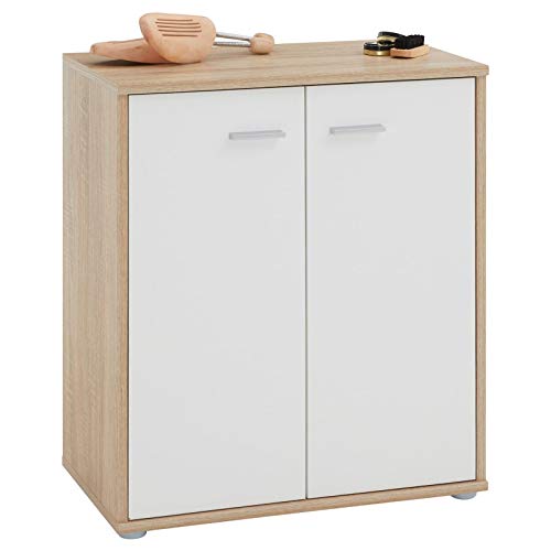 IDIMEX Meuble à Chaussures Olympe, Commode Meuble de Rangement avec 2 Portes avec 4 tablettes intérieures, en mélaminé décor chêne Sonoma et Blanc Mat