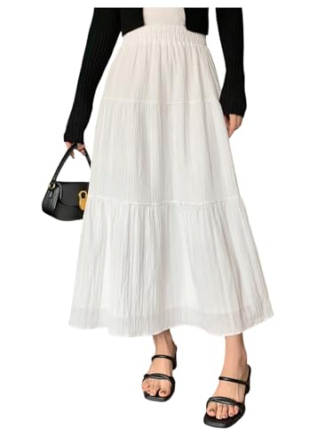 MakeMeChic Women's Boho Maxi Skirt Elastic High Waisted Cowboy Chic Pleated A Line Flared Flowy Long Skirts