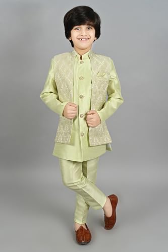 Image of AHHAAAA Kids Ethnic Silk Blend Waistcoat Kurta Pyjama Sherwani Set For Boys