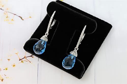 14K White Gold Genuine Blue Topaz 8-1/2Ct Drop Dangle Earrings with Diamonds3