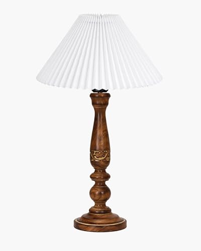 Image of Homesake Floral Carved Wood Table Lamp with Shade | Handcrafted Bedside Lamp, E27 Holder| Bulb Included |Warm Light Night Lamp, Bedroom, Living Room, Study & Home Decor, (Pleated White)