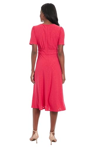 Image of London Times Women's Women's Eyelet Midi A-line Dress with Puff Sleeves - Gathered Waist Empire Cut - Wedding Guest Dress