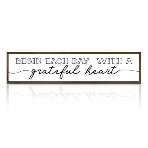 Rustic Home Decor, Begin Each Day with a Grateful Heart Wooden Framed Sign, Positive Quote, Living Room Decor, Home Wall Decortion Wood Framed, Wooden Box Signs Desk Décor, 38 * 8.5 In