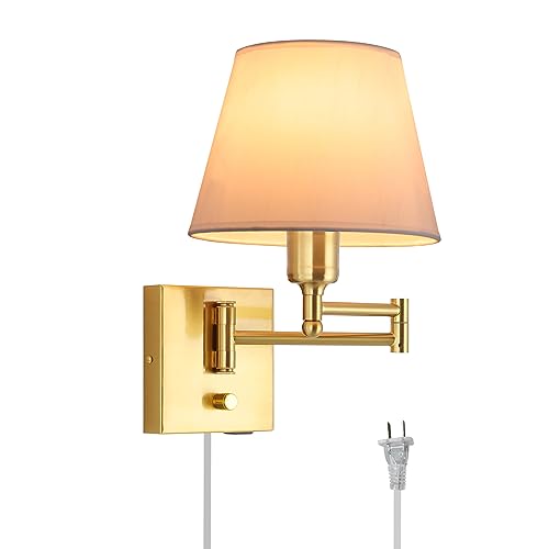 Affsure Gold Swing Arm Wall Lamp White Fabric Shade Plug in or Hardwired by Affsure - Used condition - US$39.99