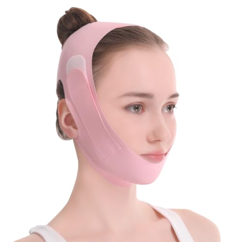 OUDQFCJ Mascarilla V-Line & Mentonera Ajustable – Reductor de Papada para Rostro Firme y Cómodo, Adecuado para Todas las Formas de Cara, Banda Lifting Facial (Rosa)