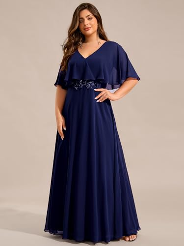 Ever-Pretty Plus Women's Ball Gown V-Neck A Line Chiffon Applique Shawl Short Sleeves Maxi Plus Size Formal Dresses 02289-DA4