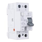 FI-Schutzschalter zum Schutz bei Fehlerströmen durch Selbstabschaltung bei 0,3A. Platzbedarf 2TEs
