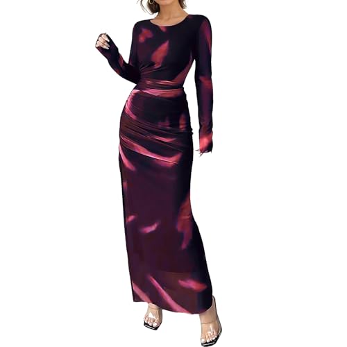 Women's Long Sleeve Maxi Dress Fall Fashion Floral Bodycon Mesh Ruched Long Dress Party Cocktail Wedding Guest Formal Dresses