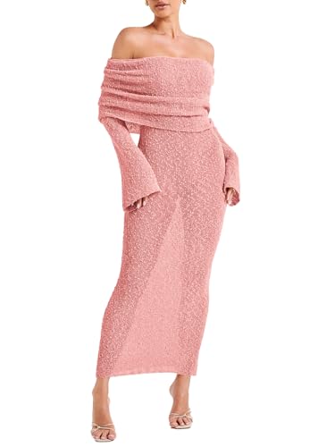 COCCKO Women's Summer Off The Shoulder Maxi Dress Long Bell Sleeve Slim Fit Beach Cover-ups Knit Dresses Pink M