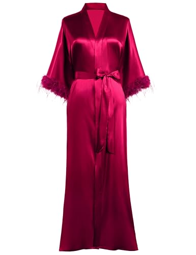 PRODESIGN Roupa de banho comprida tipo kimono de cetim com acabamento de penas de avestruz, roupa de dormir para casamento, dama de honor, Vermelho vinho