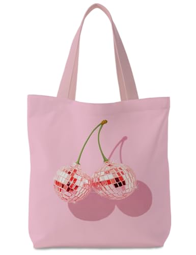 Supwhd Trendy Preppy Pink Cherry Disco Ball Tote Bag Aesthetic, Preppy Stuff Canvas Tote Bags For Women, Reusable Grocery Bags Shopping Bags, Preppy Gifts, White, 799Ky-Fbb