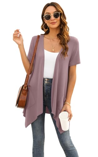 Image of Veryoung Floral Short Sleeve Cardigans for Women Casual Drape Open Front Lightweight Summer Cardigan with Pocket High Low Hem