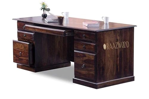 Image of Solid Sheesham Wooden Study Table & Desk 6 Drawer with Keyboard Tray for Office and Home | Computer Laptop Table | Reading & Writing Desk | Laptop Desk (Teak Finish)