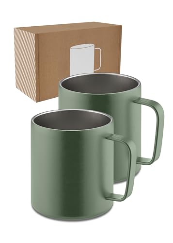 LAMBDA COFFEE® Taza térmica de acero inoxidable con asa, 2 x 360 ml, taza de café con doble pared aislada, juego de tazas para camping y exteriores, taza térmica de café (verde)