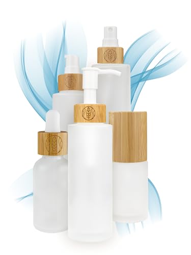 Lot de 3 distributeurs de savon à pompe vides en verre mat 100 ml à remplir avec bouchon en bambou et gravure pour savon liquide, liquide vaisselle, shampoing, cosmétique naturel