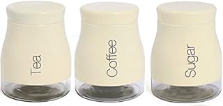 Set of 3 Stainless Steel Glass Tea Coffee Sugar Canister Caddy Set Cream Red & Stainless Steel (Cream)