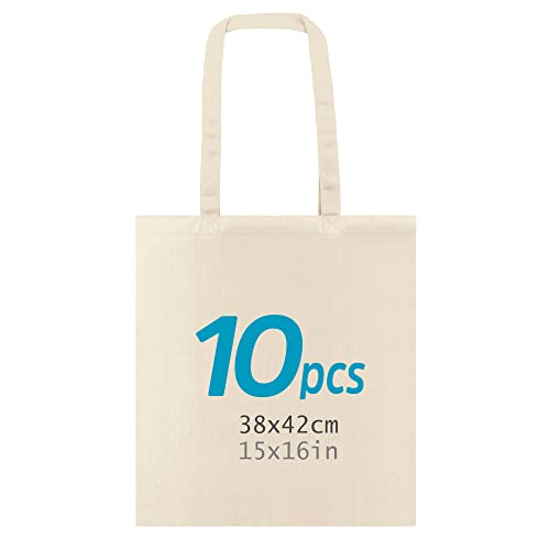 Bolsa Tote Bag, Pack de 10 Bolsas de Algodón Multiusos con Asas largas, Bolsa Fuerte, Lavable Reutilizable, Ideal para Bolsa Compra, para Ropa, Colegio, Alimentos, Verduras, Manualidades, Pintar