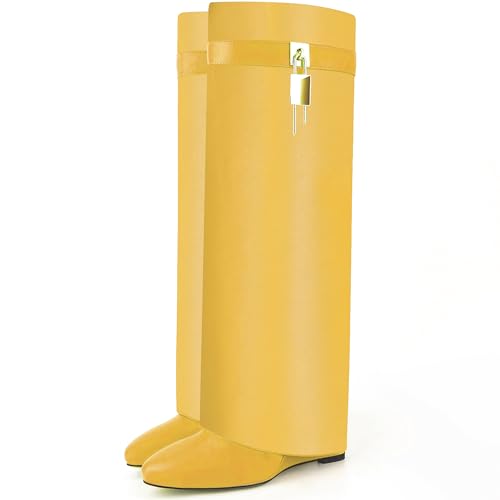 Image of Fold Over Boots for Women Pointy Pull-on Wedge Heel Knee Shark Boot With Side Zipper Padlock Design