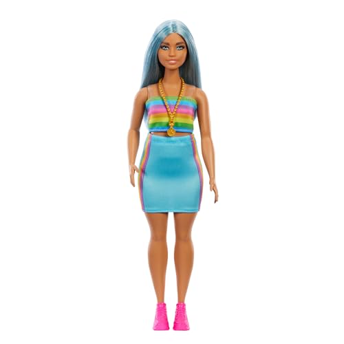 Barbie Fashionistas Doll #218 with Long Blue Hair, Rainbow Top & Teal Skirt, 65th Anniversary Collectible Fashion Doll
