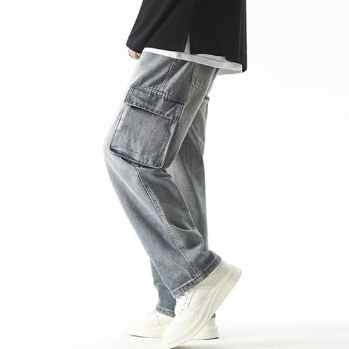 XYXIONGMAO Men's Light Wash Denim Cargo Pants Streetwear Casual Baggy Drawstring Elastic Waist & Oversized Pockets for Men4