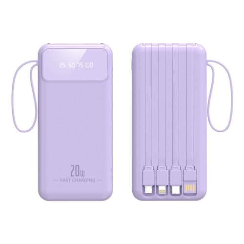Batería externa portátil de 20000 mAh, ultradelgada, con cable integrado, desmontable, 4 cables, pantalla de visualización de alimentación, cargadores de salida multipuertos (10000 mAh/morado)