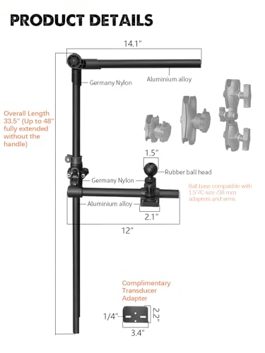 Image of Livescope Pole Mount for Kayak /Boat, Universal 360 Adjustable Rotating Transducer Pole Mount for Garmin /Lowrance, Drill-Down Base with 1.5'' Ball, Compatible with C Size Double Socket Arm